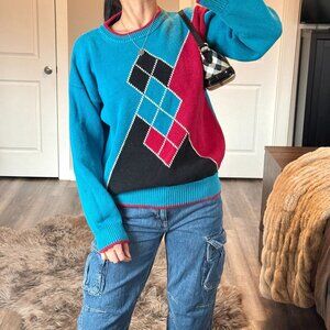 Vintage Knit Argyle Crewneck Sweater Grandpa 90s Y2K Retro Streetwear Size Large